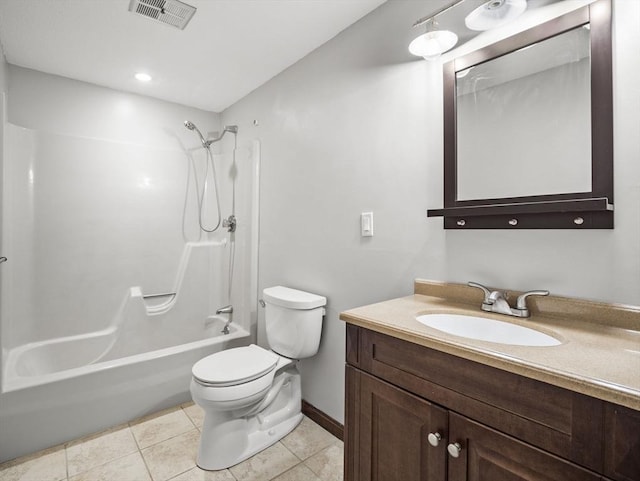 bathroom with bathtub / shower combination, visible vents, toilet, vanity, and tile patterned floors