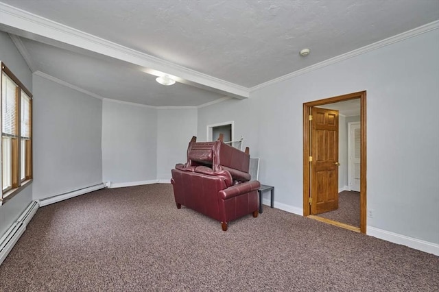 15 Hamilton St, Boston, MA 02136 - living area with carpet floors, a baseboard heating unit, ornamental molding, and baseboard heating