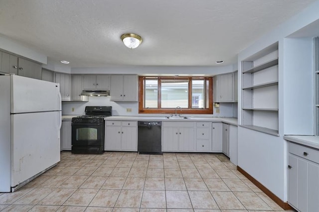15 Hamilton St, Boston, MA 02136 - kitchen with black appliances, under cabinet range hood, light countertops, open shelves, and light tile patterned flooring