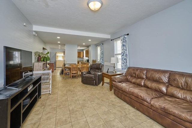 15 Hamilton St, Boston, MA 02136 - living room featuring light tile patterned flooring, a textured ceiling, and recessed lighting
