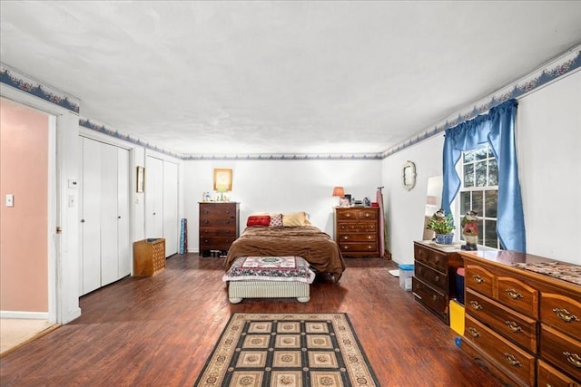 bedroom with dark wood-type flooring and two closets