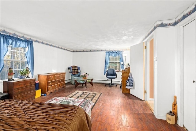 bedroom featuring hardwood / wood-style flooring, a baseboard radiator, and multiple windows