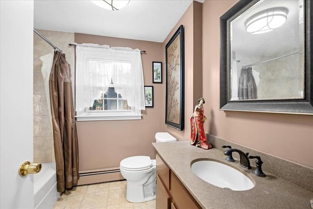 full bathroom featuring shower / bath combination with curtain, vanity, a baseboard radiator, tile patterned flooring, and toilet