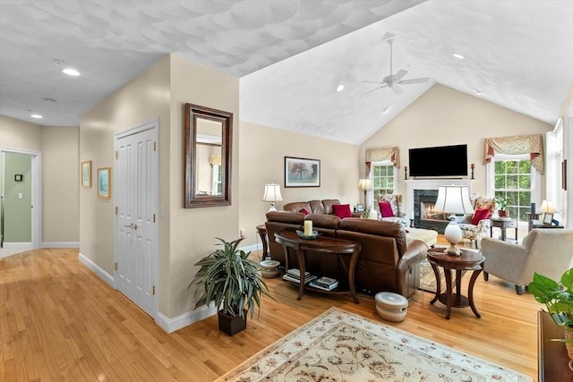 89 Cortland Dr Unit 89, North Andover, MA 01845 - living room featuring light wood-type flooring, baseboards, a ceiling fan, recessed lighting, and lofted ceiling