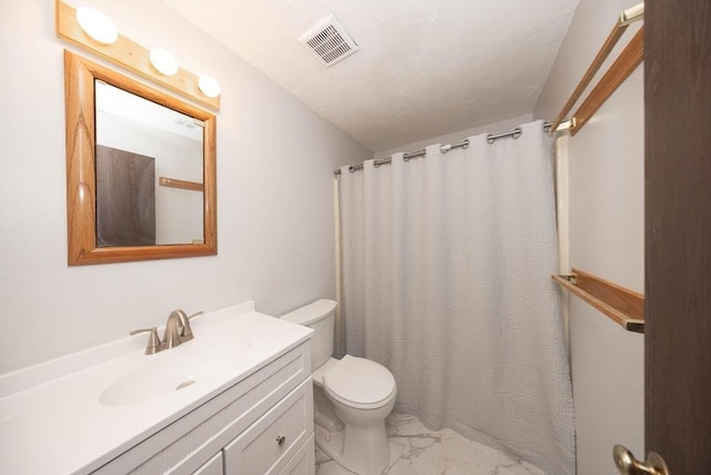 full bathroom featuring visible vents, toilet, marble finish floor, a shower with curtain, and vanity