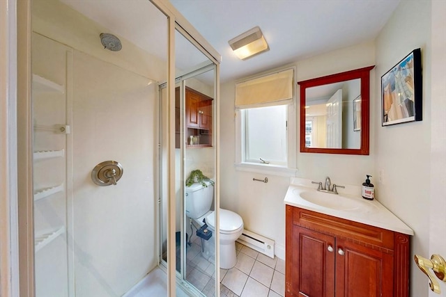 full bath featuring a baseboard heating unit, a stall shower, tile patterned flooring, and vanity