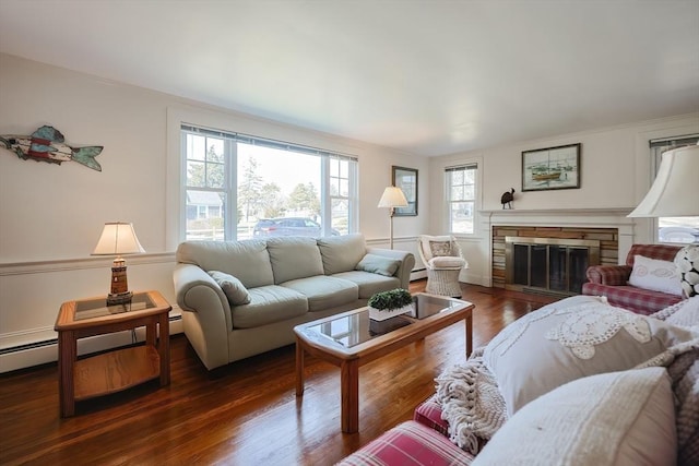 living area with a baseboard radiator, a glass covered fireplace, and wood finished floors
