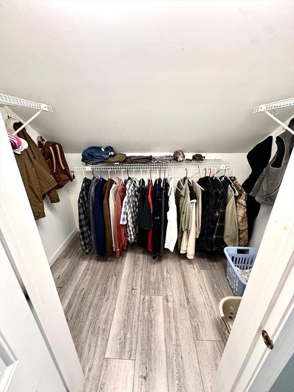 walk in closet with wood finished floors