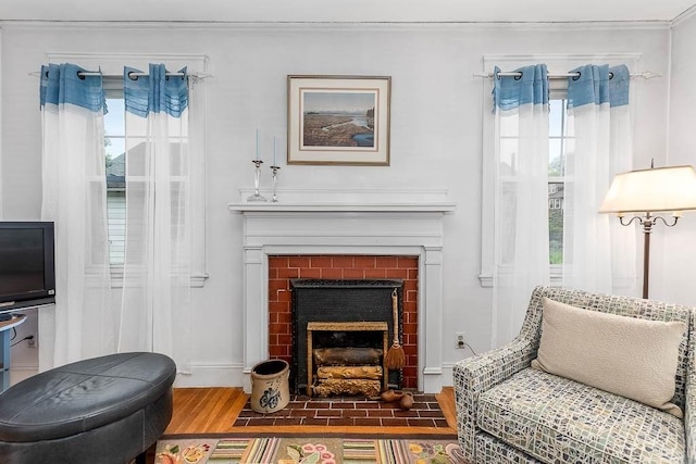 86 Glencoe St Unit 86, Boston, MA 02135 - living area with wood finished floors, a fireplace with flush hearth, and ornamental molding