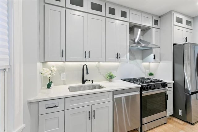 755 Boylston St Unit 1, Brookline, MA 02467 - kitchen featuring stainless steel appliances, wall chimney exhaust hood, a sink, light wood-style floors, and light countertops