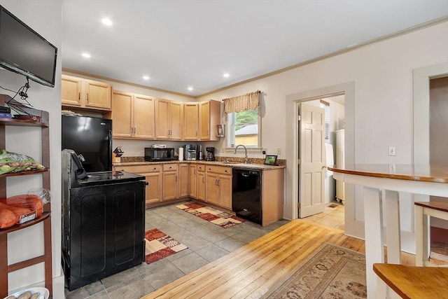 98 Mechanic St, Orange, MA 01364 - kitchen featuring black appliances, light brown cabinetry, crown molding, light wood-type flooring, and recessed lighting