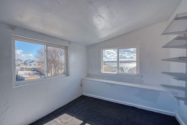 empty room featuring lofted ceiling and dark carpet