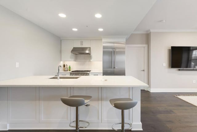 kitchen with stainless steel built in fridge, a breakfast bar, under cabinet range hood, a sink, and decorative backsplash