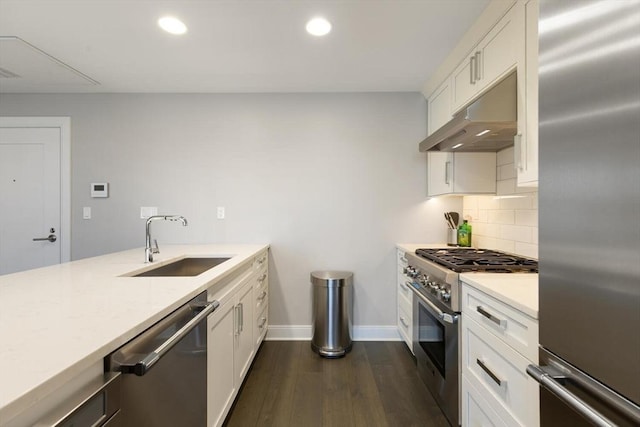 kitchen featuring high quality appliances, a sink, under cabinet range hood, tasteful backsplash, and dark wood finished floors