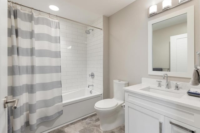 full bathroom featuring vanity, toilet, and shower / tub combo with curtain