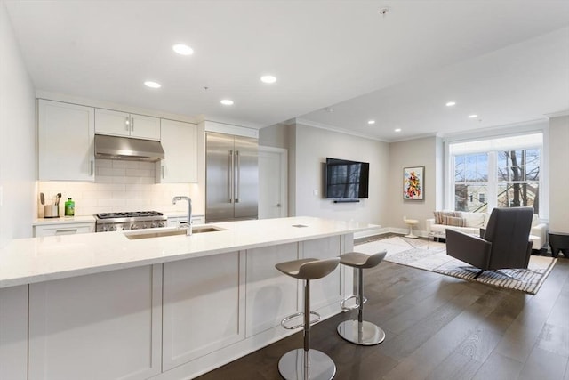 kitchen with dark wood-style floors, a sink, decorative backsplash, under cabinet range hood, and stainless steel built in refrigerator