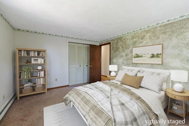 62 Brook St, Wakefield, MA 01880 - carpeted bedroom with baseboard heating, a closet, and baseboards
