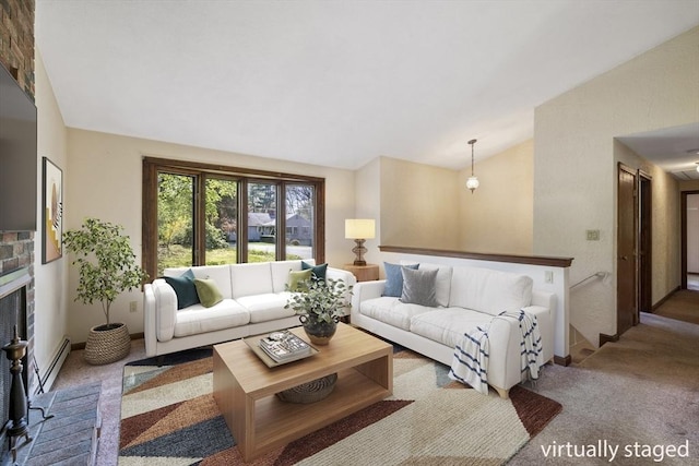 62 Brook St, Wakefield, MA 01880 - living room featuring vaulted ceiling, carpet flooring, a baseboard radiator, and a brick fireplace