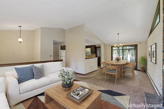 62 Brook St, Wakefield, MA 01880 - carpeted living room featuring a baseboard radiator, lofted ceiling, a chandelier, and baseboards