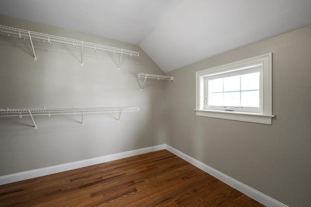 walk in closet with vaulted ceiling and wood finished floors