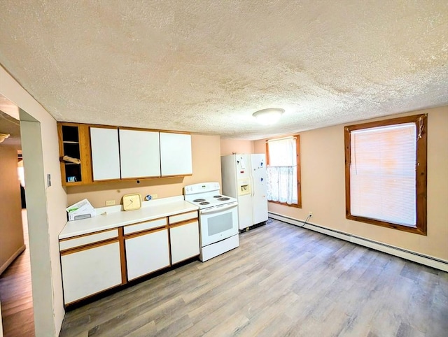 kitchen with white cabinetry, white appliances, light wood-style flooring, and light countertops