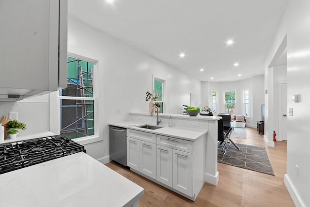 kitchen featuring light wood-type flooring, white cabinetry, sink, kitchen peninsula, and stainless steel dishwasher