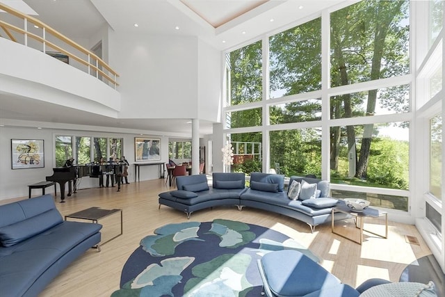 389 River Rd, Carlisle, MA 01741 - living area featuring a towering ceiling, healthy amount of natural light, and wood finished floors
