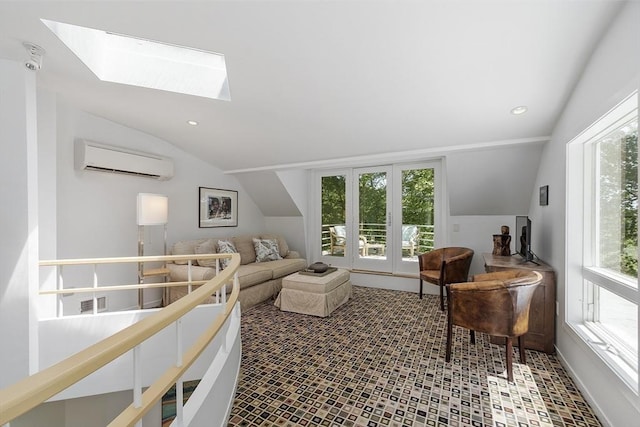 389 River Rd, Carlisle, MA 01741 - living area featuring an AC wall unit, a skylight, lofted ceiling, and recessed lighting