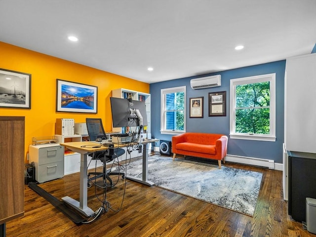 14 Belmont St Unit C, Somerville, MA 02143 - office with a wall mounted air conditioner, a baseboard heating unit, wood finished floors, and recessed lighting