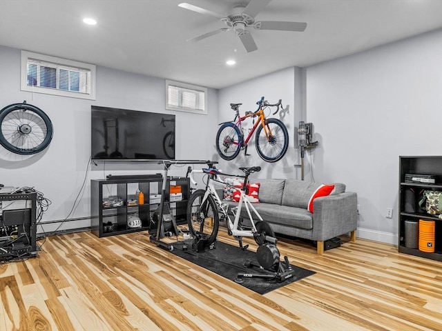 14 Belmont St Unit C, Somerville, MA 02143 - workout area with wood finished floors, recessed lighting, and a ceiling fan