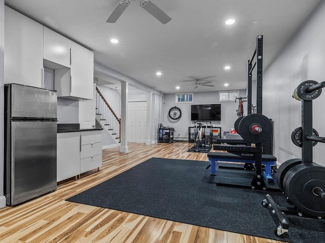 14 Belmont St Unit C, Somerville, MA 02143 - exercise area with ceiling fan, light wood-type flooring, and recessed lighting