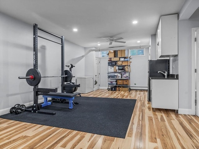 14 Belmont St Unit C, Somerville, MA 02143 - workout area featuring light wood-style floors, a ceiling fan, and recessed lighting