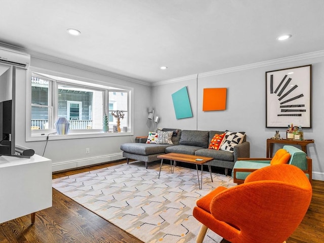 14 Belmont St Unit C, Somerville, MA 02143 - living area featuring ornamental molding, baseboard heating, wood finished floors, recessed lighting, and a wall mounted AC