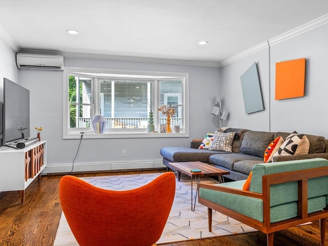 14 Belmont St Unit C, Somerville, MA 02143 - living room featuring an AC wall unit, crown molding, wood finished floors, and recessed lighting