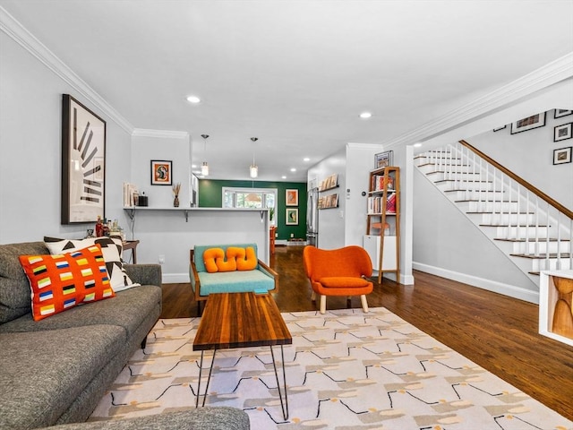 14 Belmont St Unit C, Somerville, MA 02143 - living room featuring wood finished floors, ornamental molding, stairs, and recessed lighting