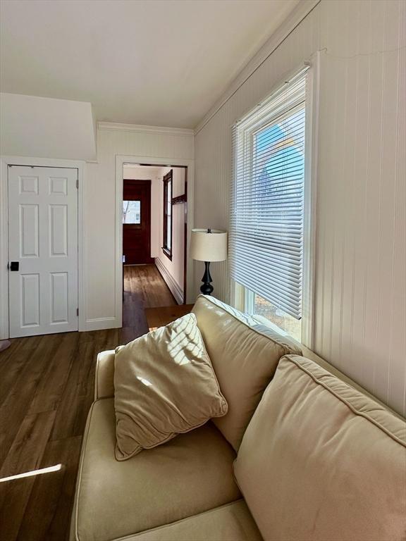 living room featuring crown molding and dark hardwood / wood-style floors