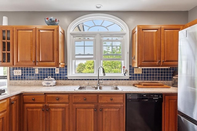 75 Hillcroft Ave, Worcester, MA 01606 - kitchen featuring dishwasher, a sink, stainless steel refrigerator, tasteful backsplash, and light stone countertops
