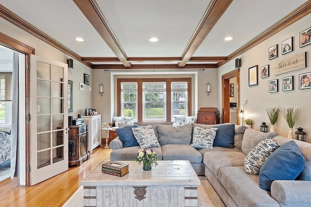 75 Hillcroft Ave, Worcester, MA 01606 - living area with beam ceiling, crown molding, light wood finished floors, recessed lighting, and coffered ceiling