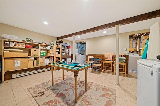 game room with beamed ceiling, washer / clothes dryer, and light tile patterned flooring