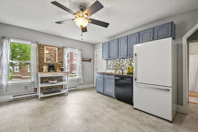 160 Regan St, Gardner, MA 01440 - kitchen featuring freestanding refrigerator, black dishwasher, ceiling fan, decorative backsplash, and baseboard heating