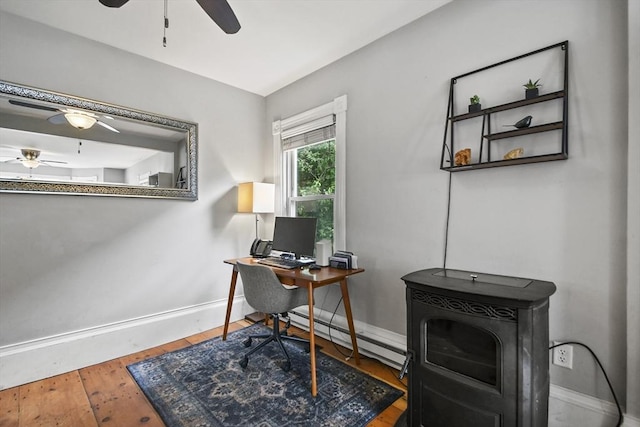160 Regan St, Gardner, MA 01440 - home office featuring a ceiling fan, a baseboard radiator, and wood finished floors