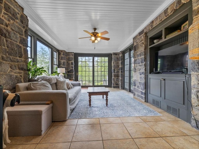 90 Burr Dr, Needham, MA 02492 - living area with plenty of natural light, ceiling fan, crown molding, and tile patterned floors