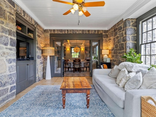 90 Burr Dr, Needham, MA 02492 - tiled living area featuring a ceiling fan and crown molding
