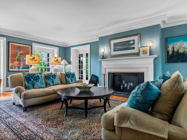 90 Burr Dr, Needham, MA 02492 - living room with ornamental molding, wood finished floors, and a fireplace