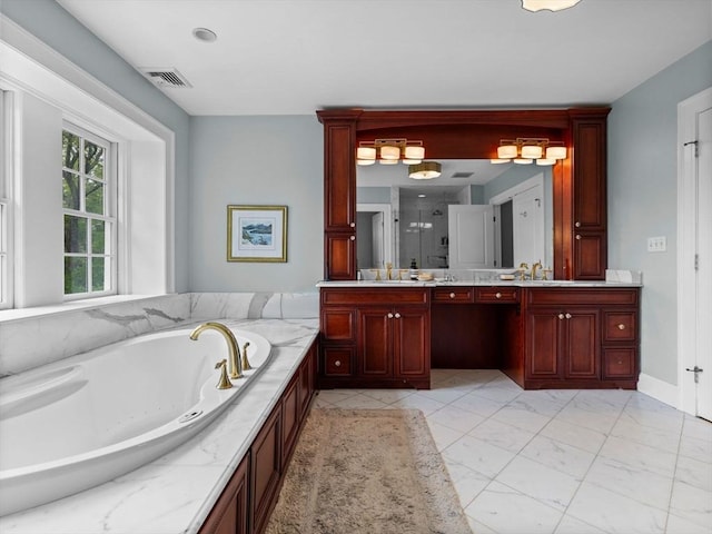 90 Burr Dr, Needham, MA 02492 - bathroom featuring double vanity, a stall shower, a jetted tub, and marble look tile flooring