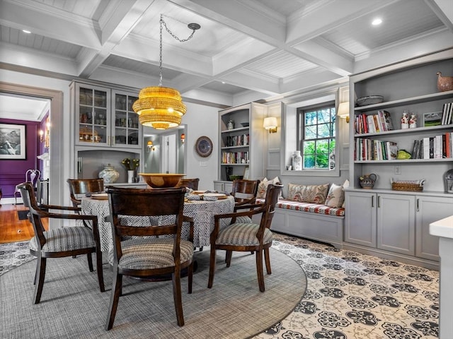 90 Burr Dr, Needham, MA 02492 - dining space with crown molding, beam ceiling, coffered ceiling, built in features, and wood finished floors