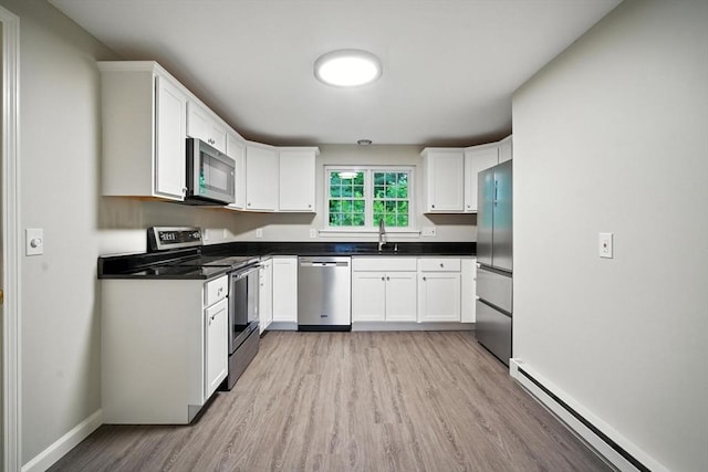 2 Maple Crest Cir Unit F, Holyoke, MA 01040 - kitchen featuring appliances with stainless steel finishes, light wood finished floors, a baseboard radiator, and white cabinetry