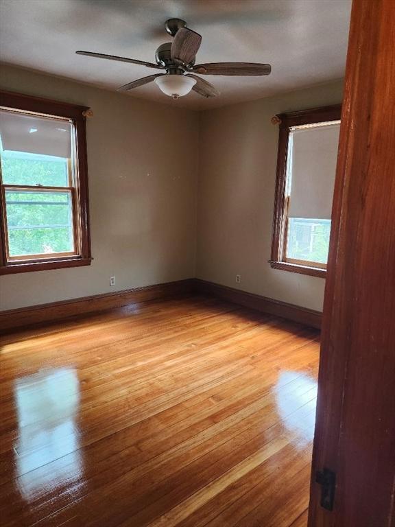 67 Gardner, Boston, MA 02132 - empty room with plenty of natural light, light wood-style floors, baseboards, and a ceiling fan