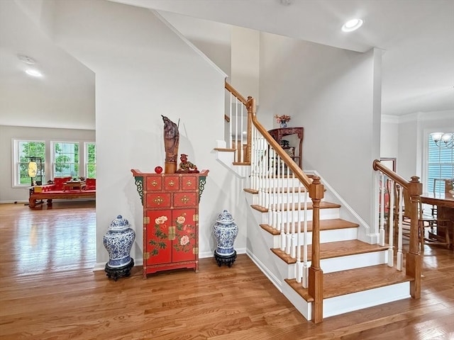 12 Grandview Dr Unit 12, Hopkinton, MA 01748 - stairs featuring wood finished floors, a chandelier, and recessed lighting
