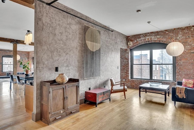 building lobby with brick wall